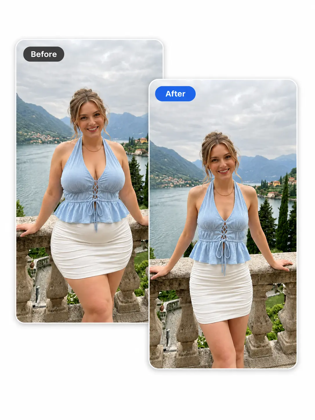 Before-and-after example showing a natural body-shape adjustment.