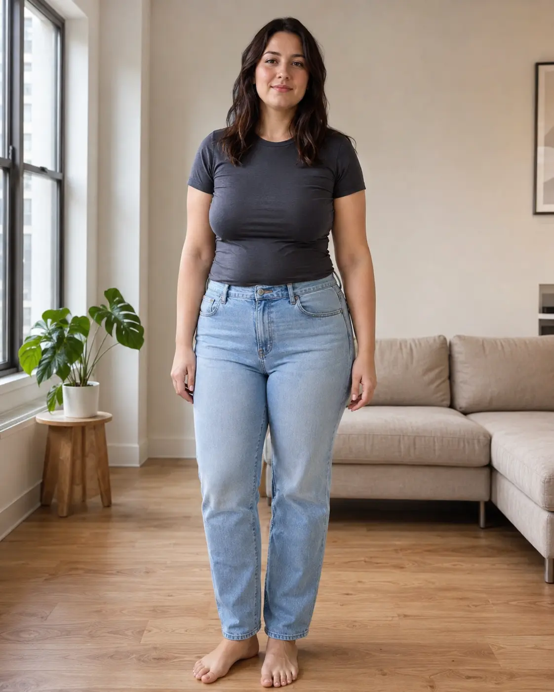 Original full-body portrait before a subtle waist and silhouette adjustment.