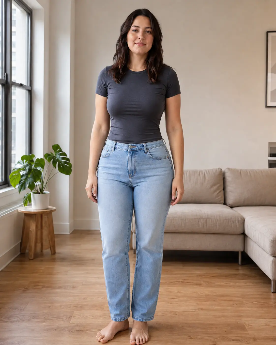 Full-body portrait after a subtle waist and silhouette adjustment.