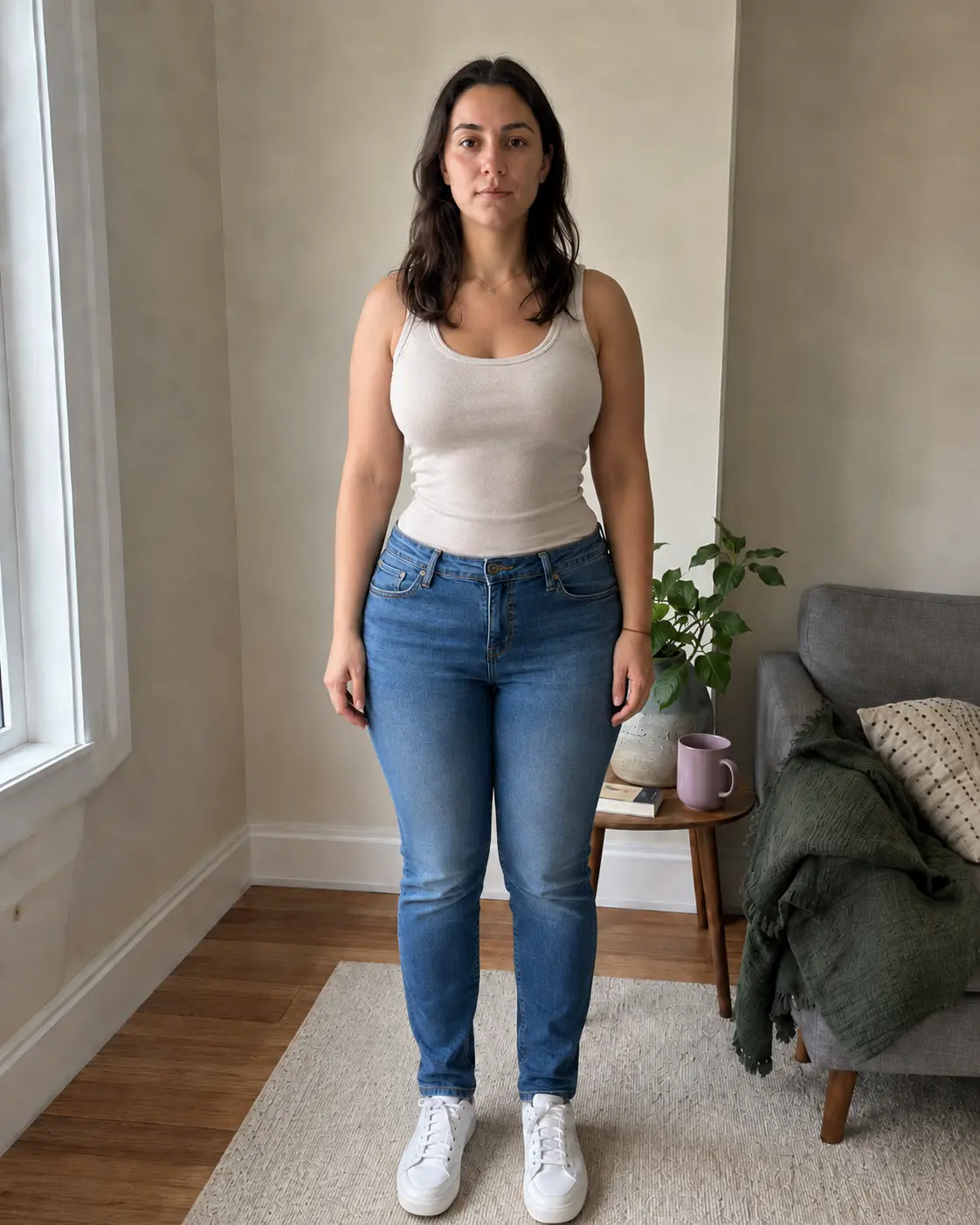 Full-length portrait after a softer, fuller body-shape edit.