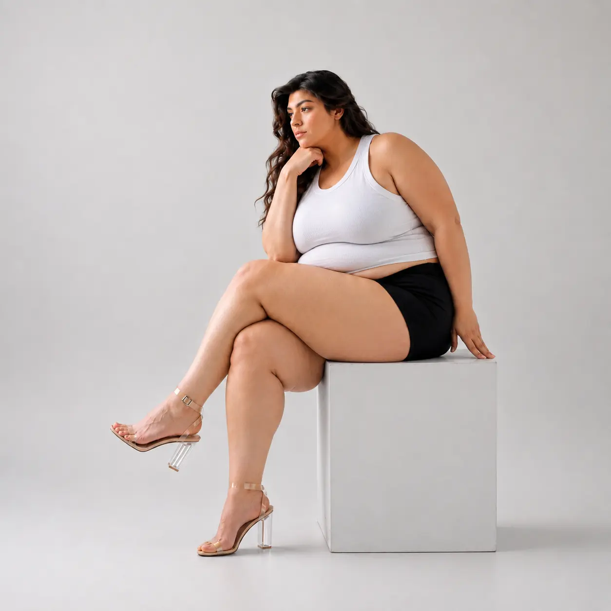 Original seated social portrait before body reshaping.