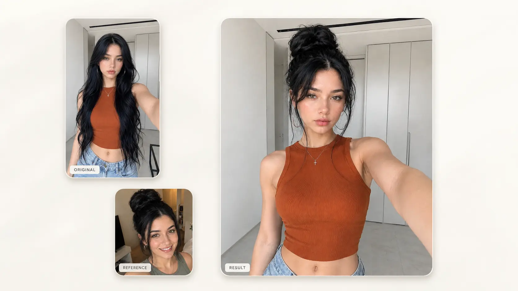 Hairstyle changer example with an original portrait, a bun hairstyle reference, and the generated result.