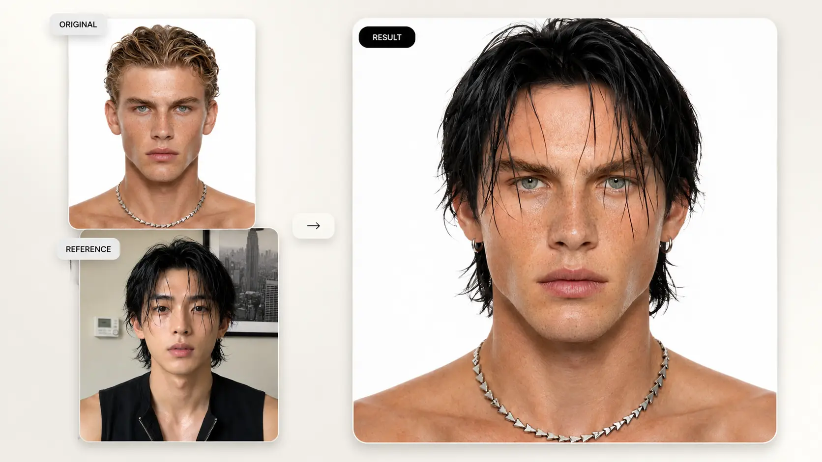 Hairstyle preview example showing an original male portrait, a wet-look reference haircut, and the generated result.