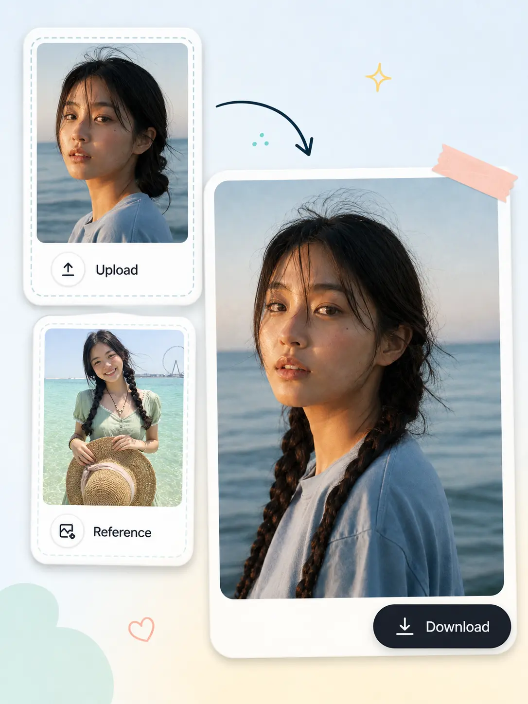 Workflow example showing a portrait upload, a braided-hair reference, and a downloadable generated portrait.