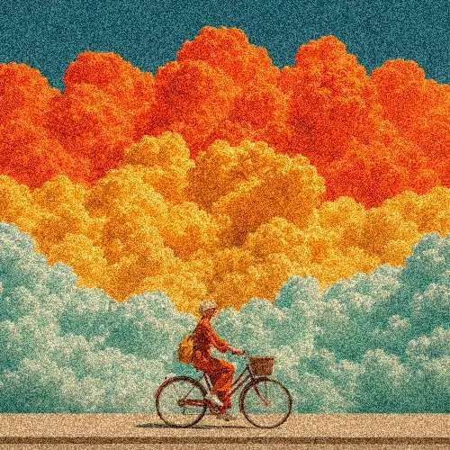 A noisy surreal cycling scene before denoising.