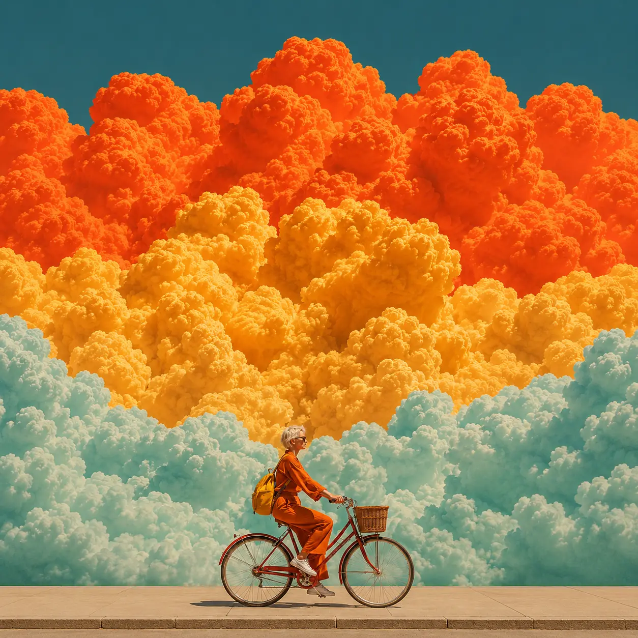 The same surreal cycling scene with cleaner clouds and color detail.