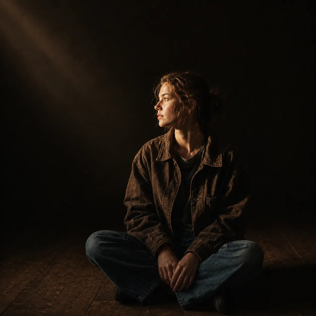 A low-light portrait lit by a narrow beam of warm light.