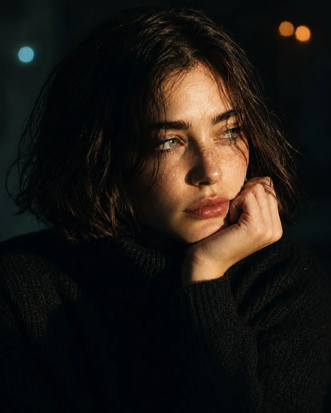 A close smartphone portrait photographed in low evening light.