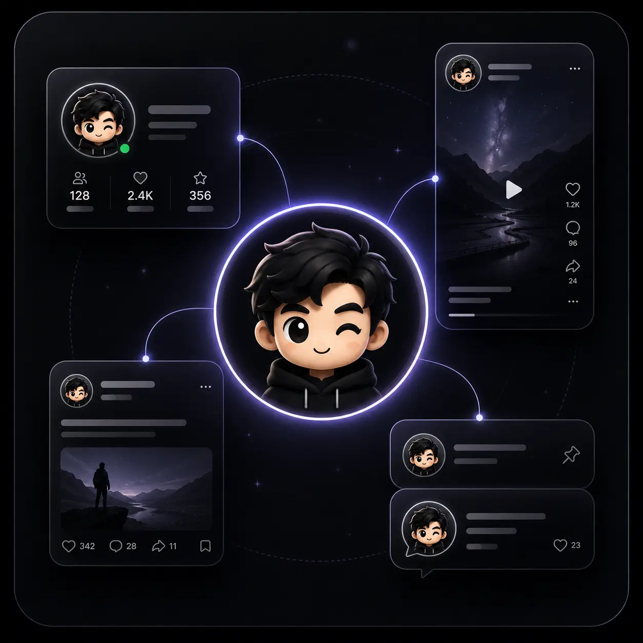 A social profile and feed mockup using the same custom emoji identity.