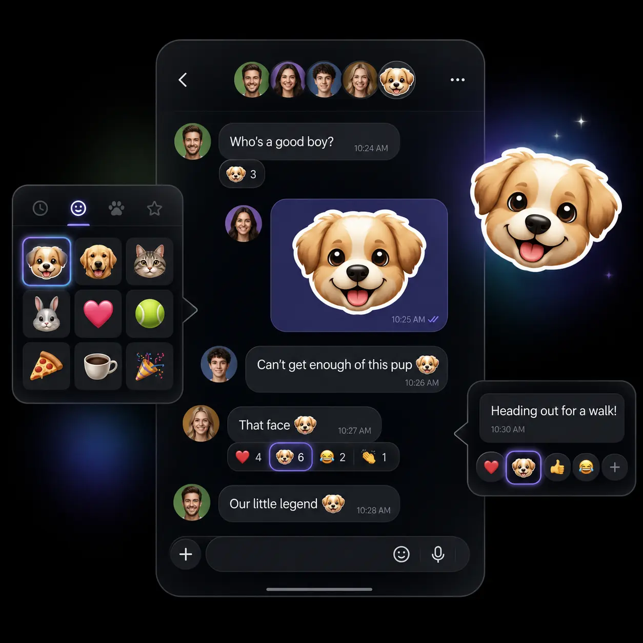 A group chat mockup where a custom dog emoji is used as a sticker and reaction.