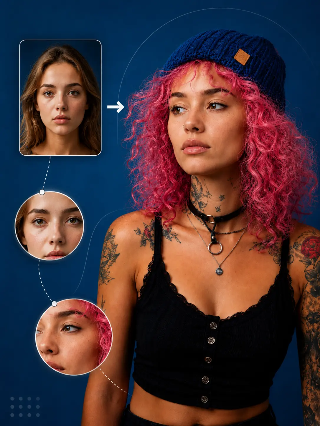 AI face swap demo - a base photo and a new face combine into a swapped result.
