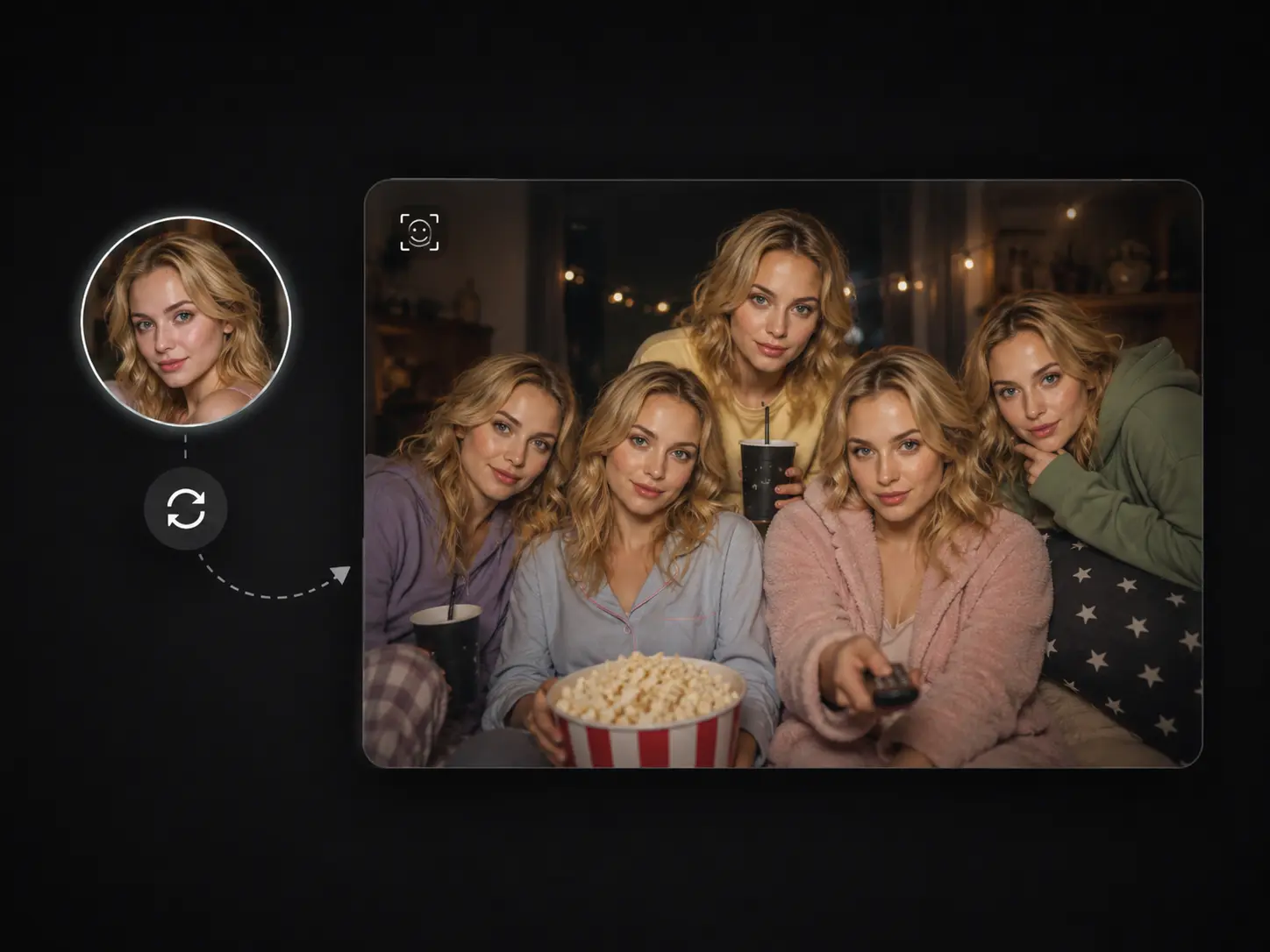 Every face in a watch-party group photo swapped to the same person.