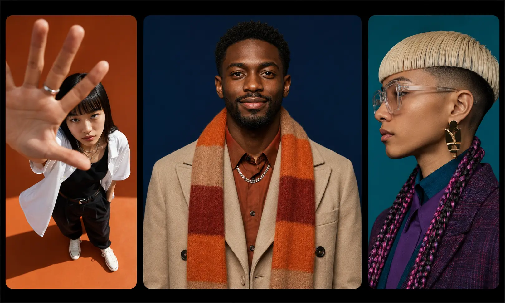 Three examples showing clear, expressive portraits with distinct framing and backgrounds.
