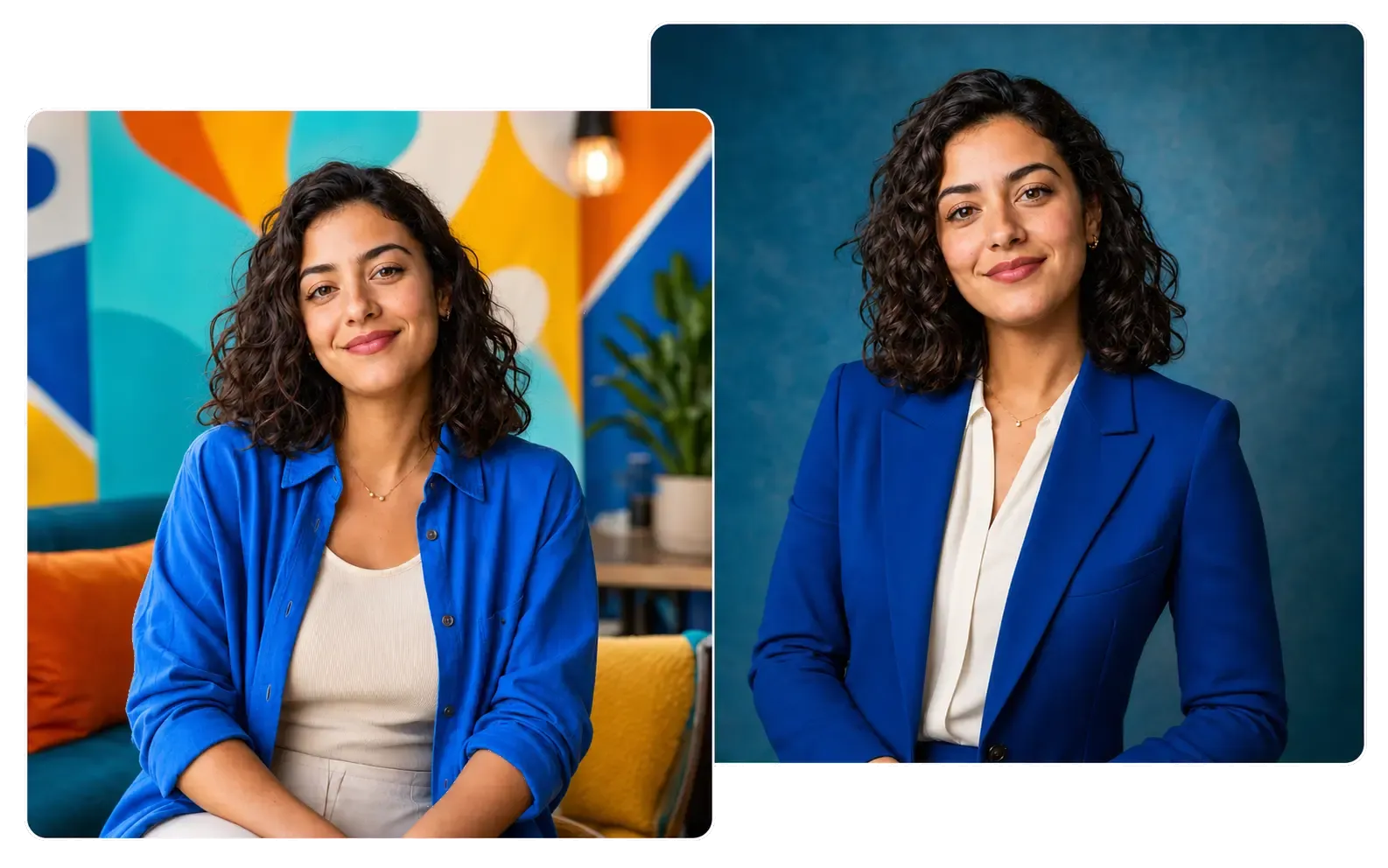 A casual portrait and the polished professional headshot created from it.