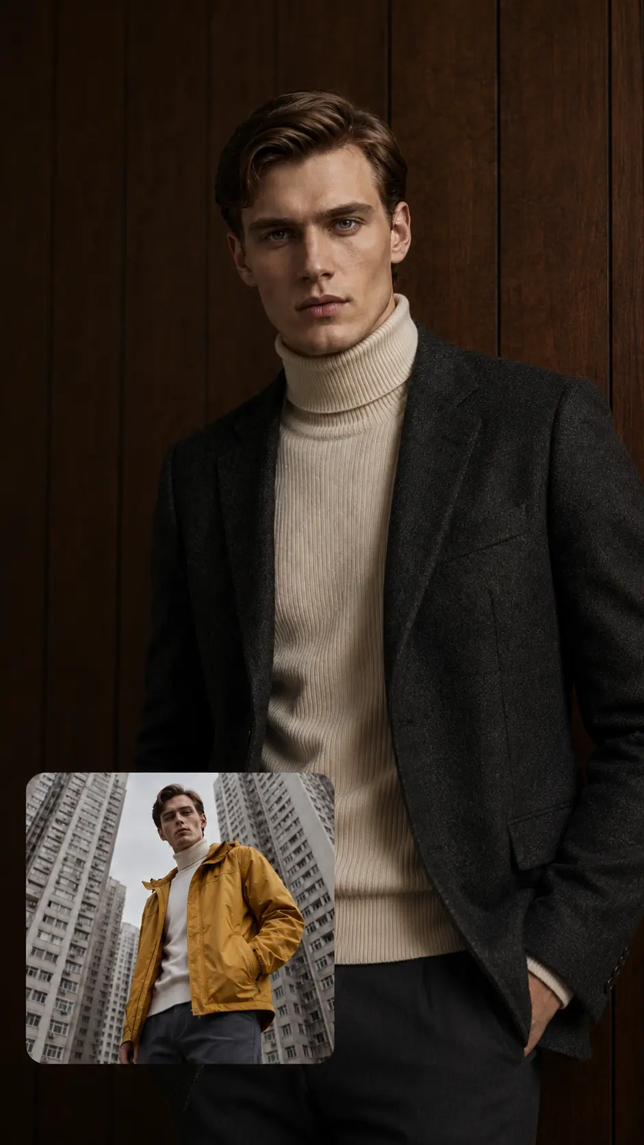 A casual full-body photo shown alongside the professional headshot created from it.