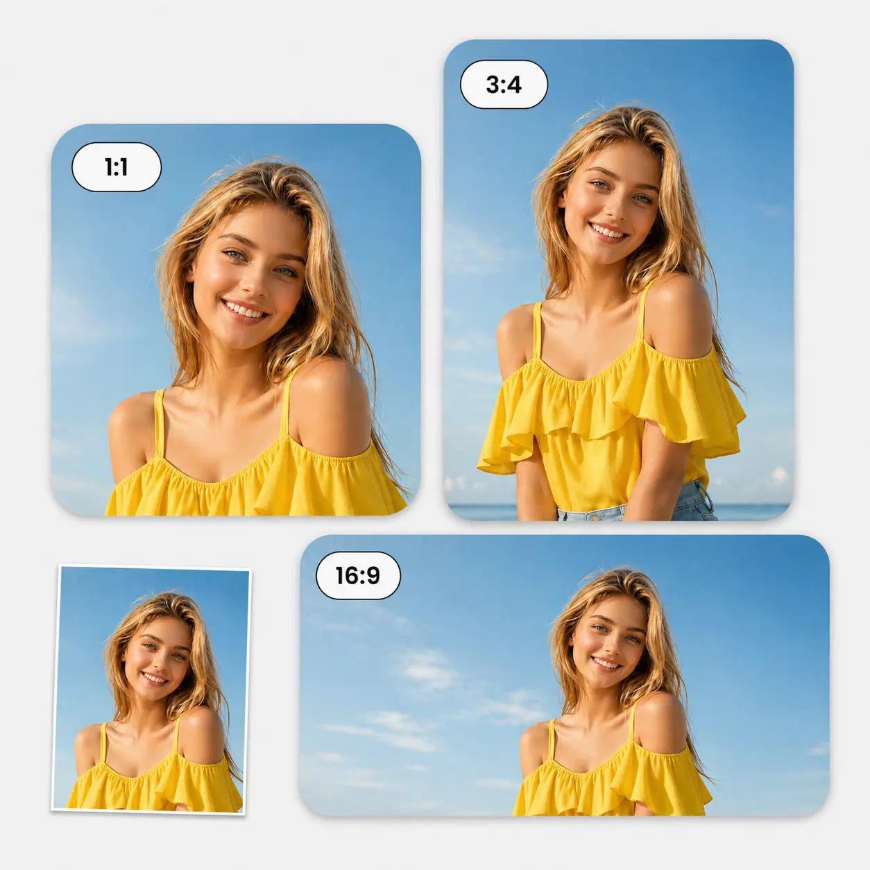 Custom Ratio example showing one portrait reframed for square and landscape layouts.