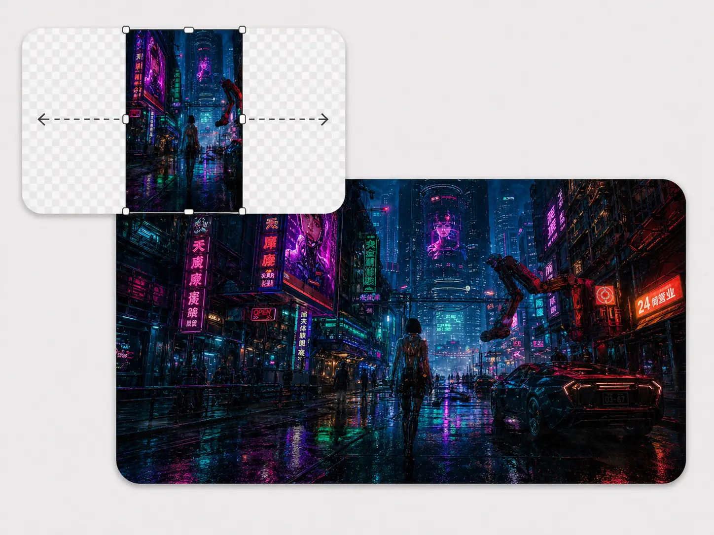 Cyberpunk street scene expanded into a wider cinematic frame.