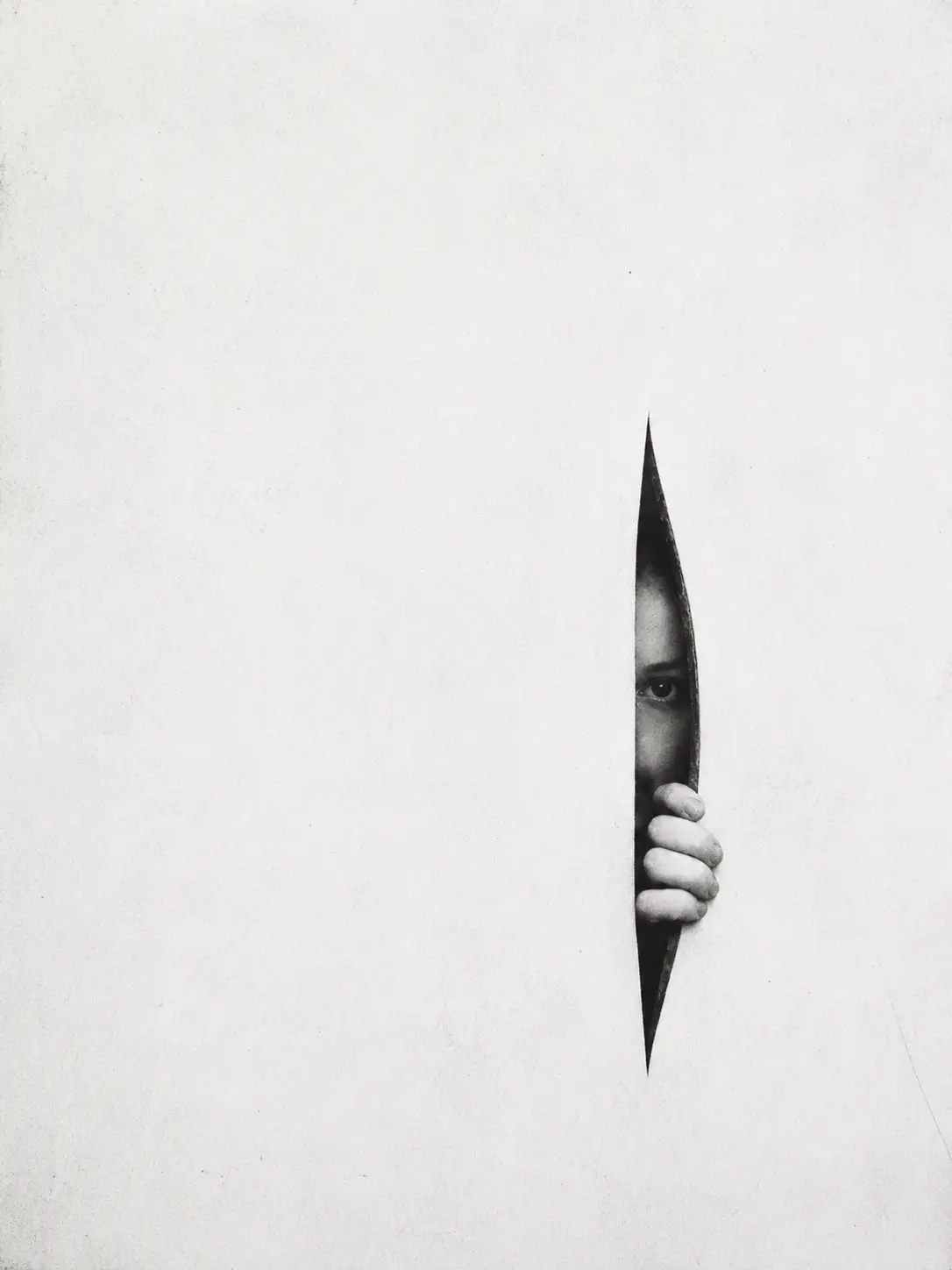 A minimalist black-and-white AI-generated image of a face and hand peering through a narrow tear in a blank white surface.