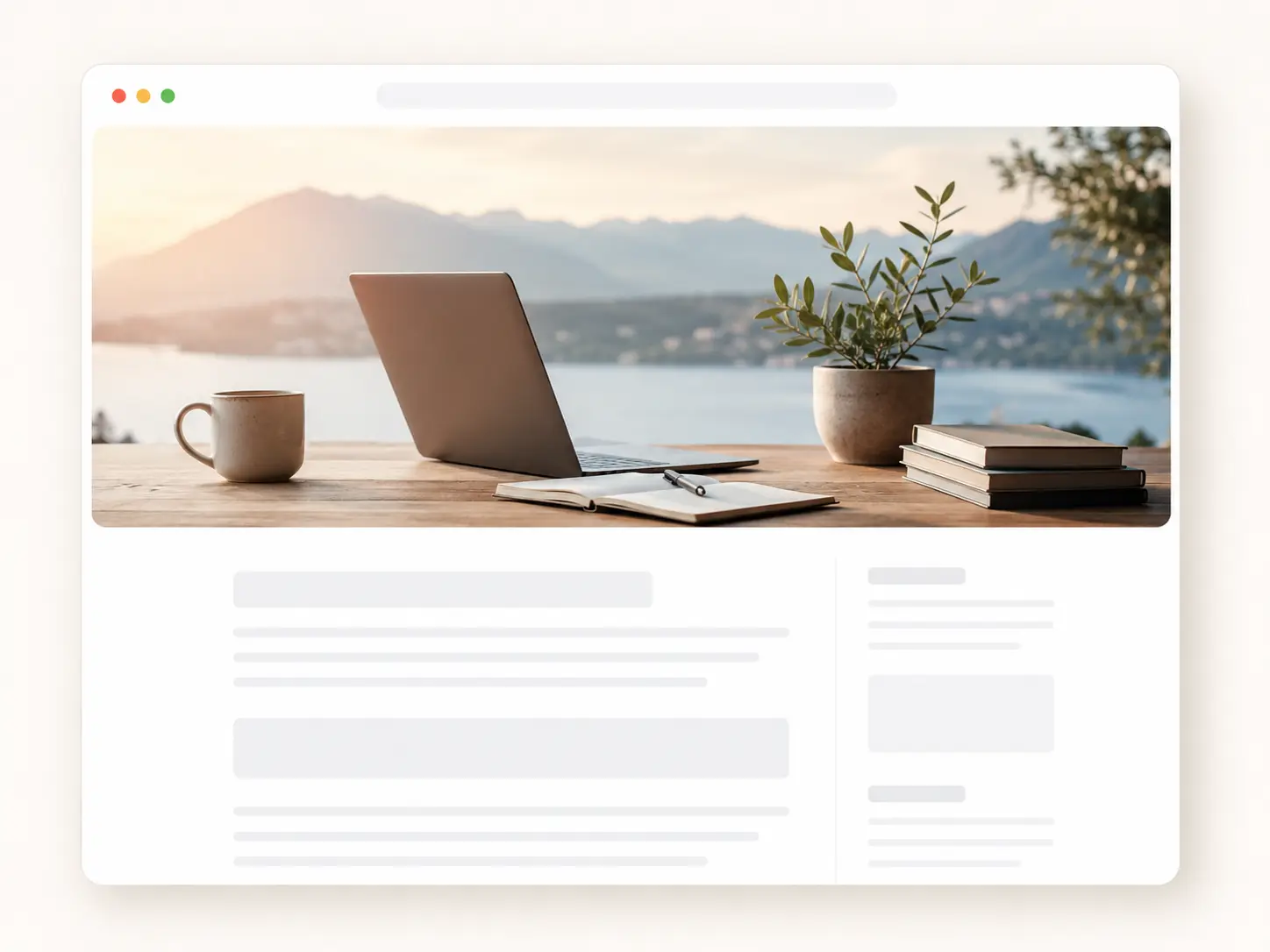 A blog post mockup with a wide AI-generated hero banner of a lakeside desk scene above the article text.