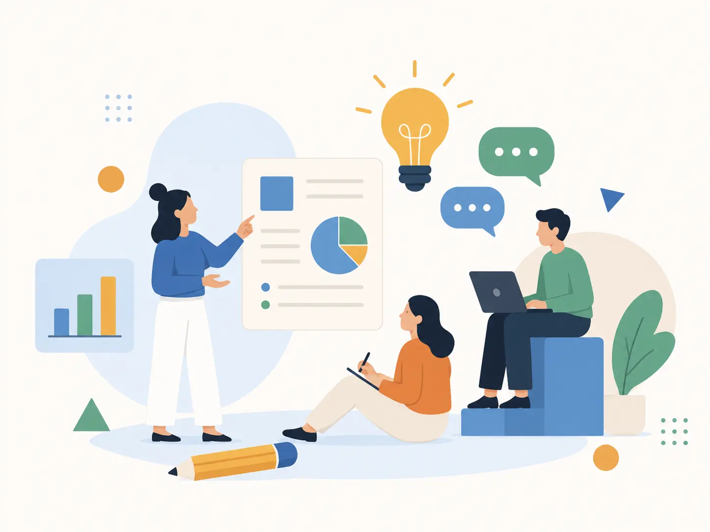 A flat vector-style illustration of people collaborating around charts and ideas, generated from a prompt.