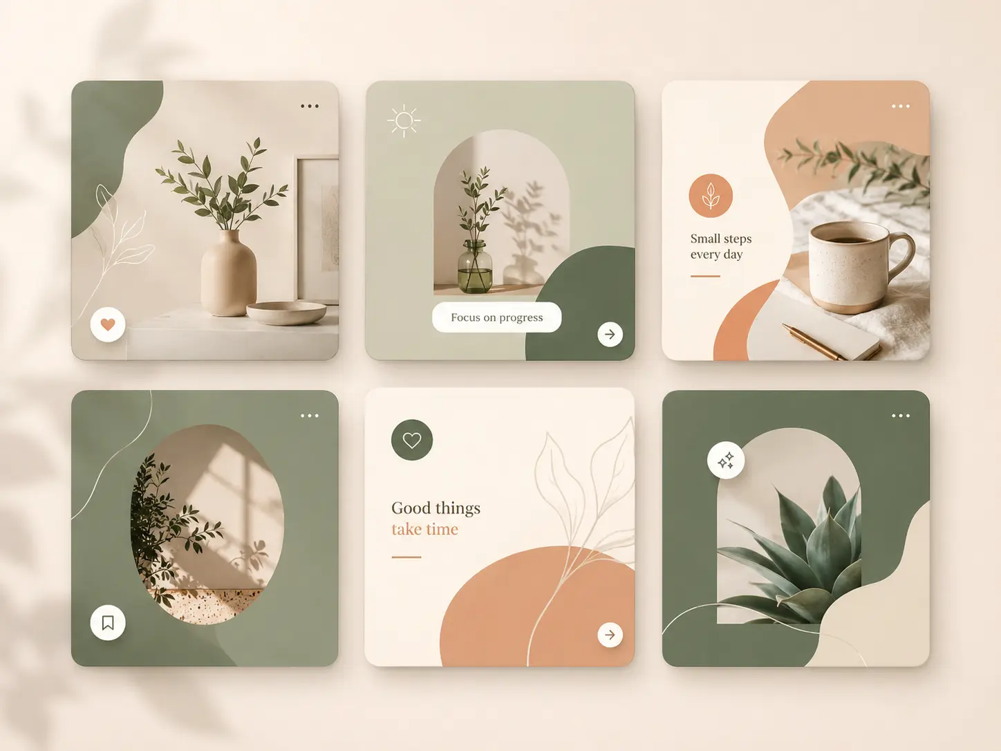 A grid of six AI-generated social media post templates in matching earthy tones.