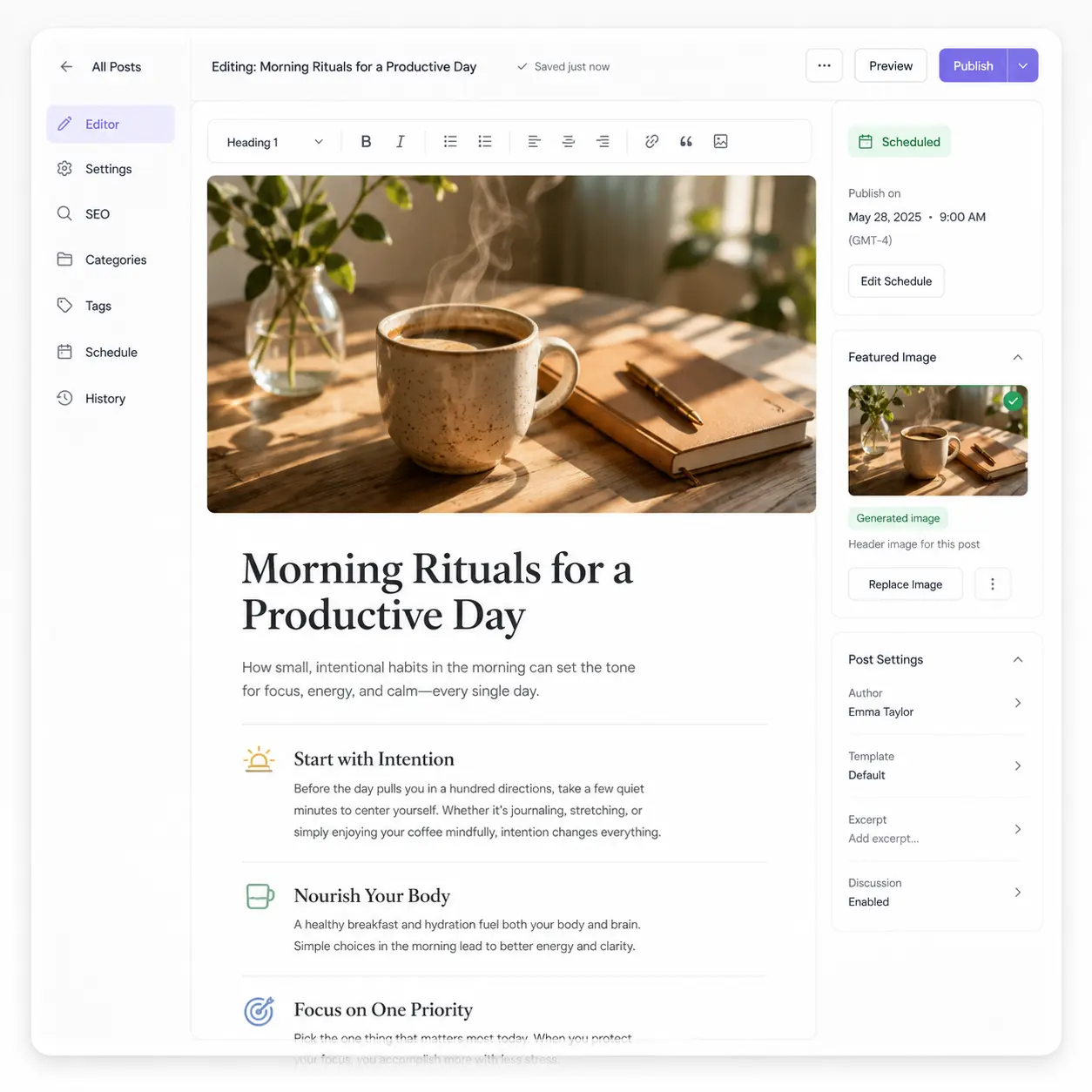 A blog CMS editor with an AI-generated header set as the featured image, scheduled to publish.