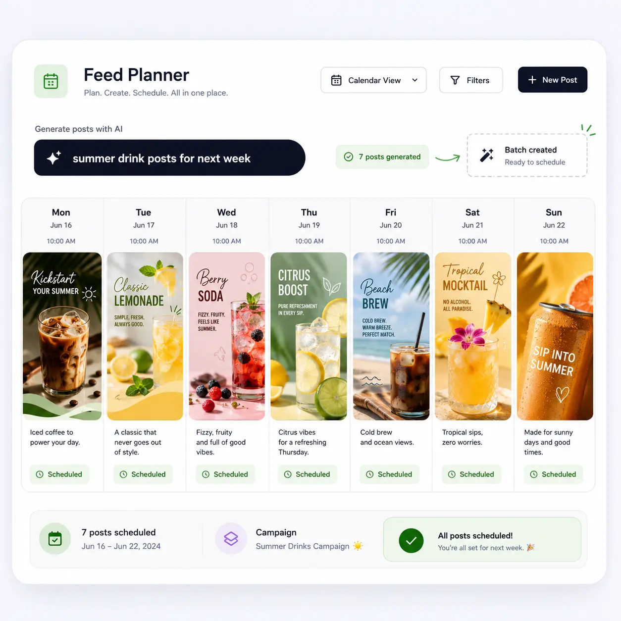 A social media feed planner with seven AI-generated posts scheduled across a week.