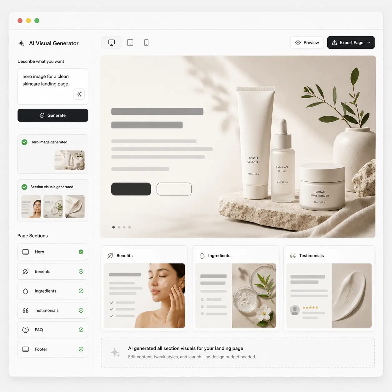 An AI visual generator building a skincare landing page, with the hero and section images generated and a sections checklist complete.