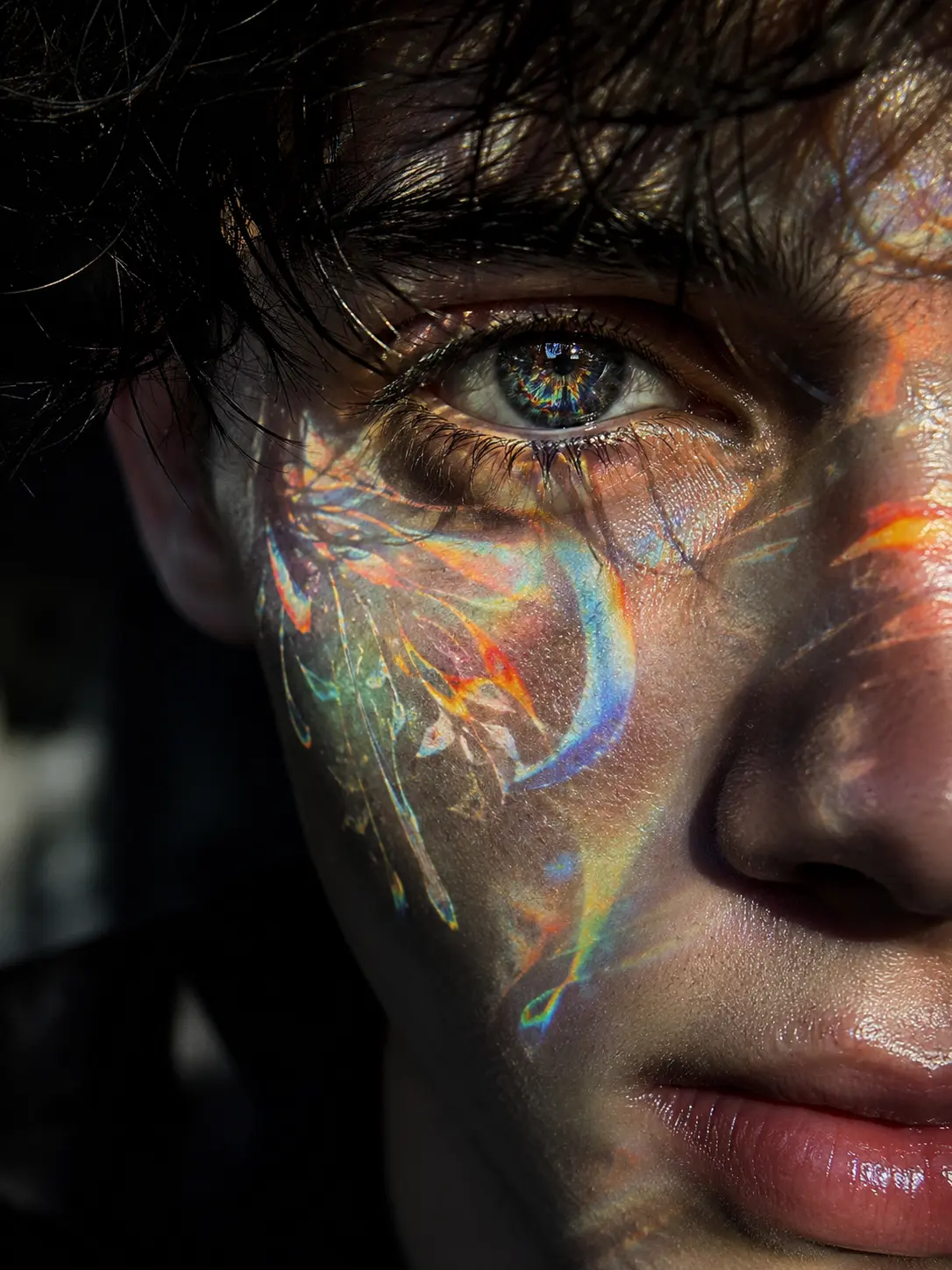 A close-up AI-generated portrait of an eye and skin with prismatic light, shown for checking detail before publishing.