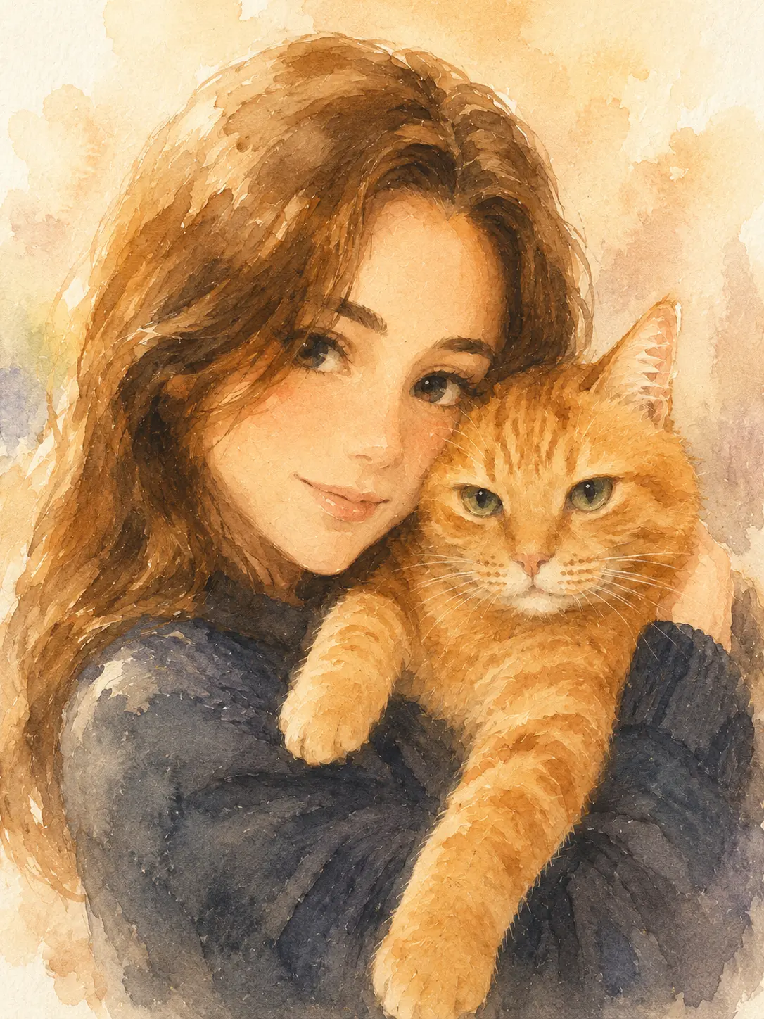 The source portrait restyled as a soft watercolor illustration.