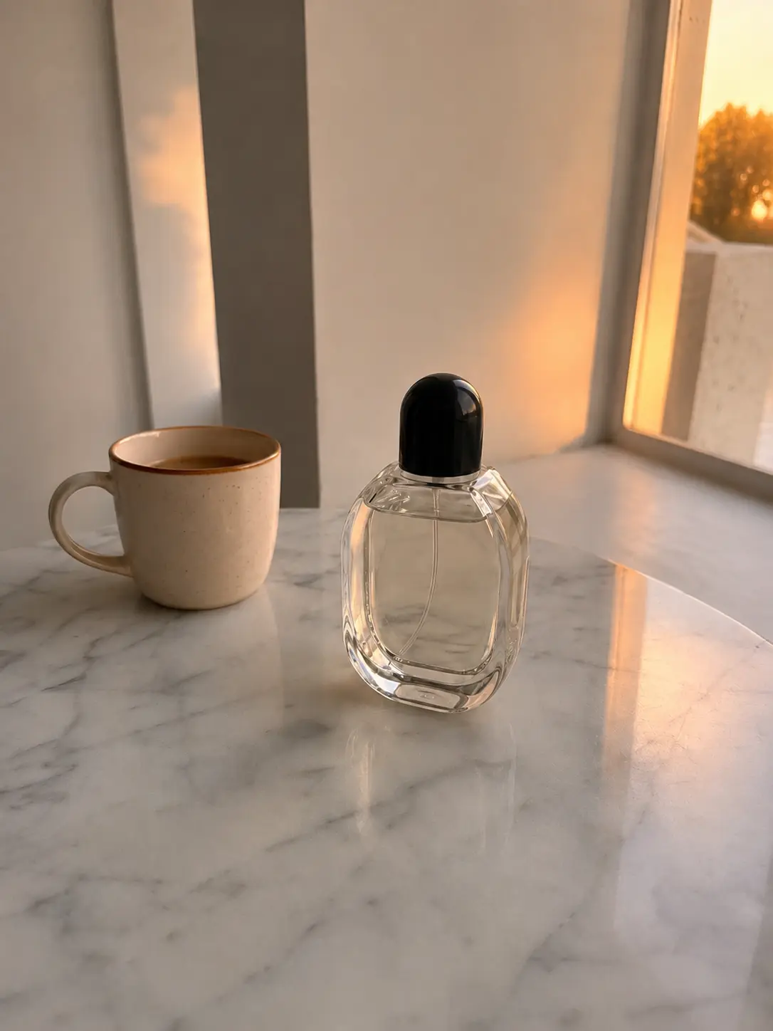 A perfume product photo transformed into a sunset counter scene with a mug.