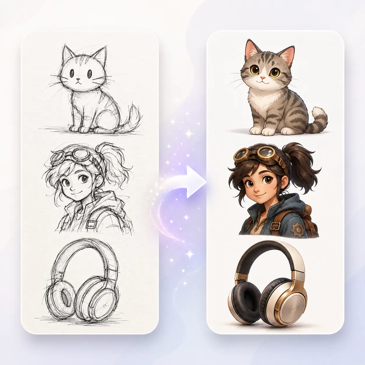 Hand-drawn sketches transformed into polished character and product images.