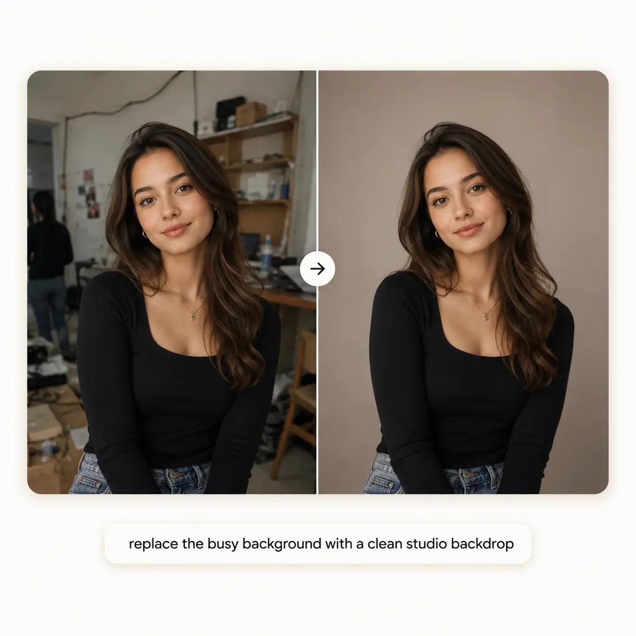 A cluttered portrait background replaced with a clean studio backdrop.
