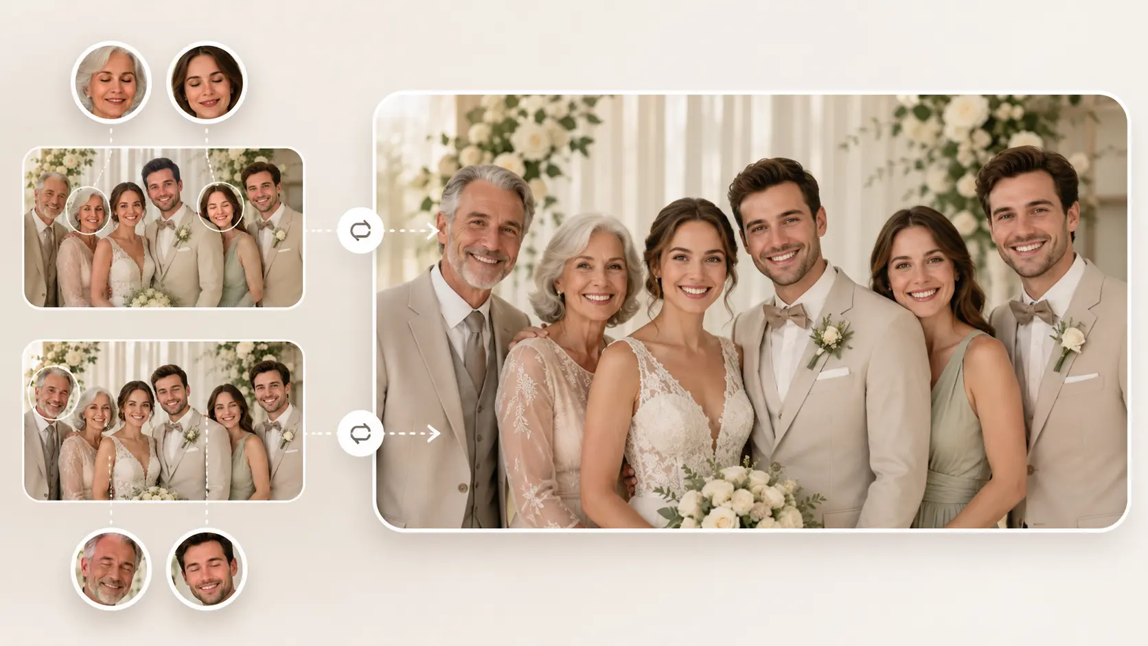 Wedding album face swap example with closed-eye faces replaced from another group photo take.