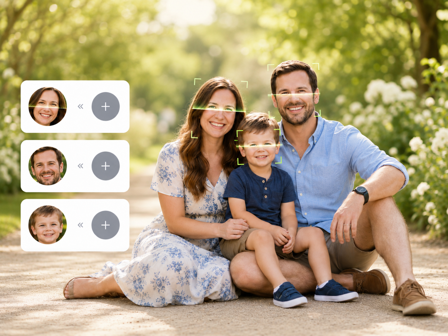Group photo workflow showing several detected faces ready for replacement in one run.