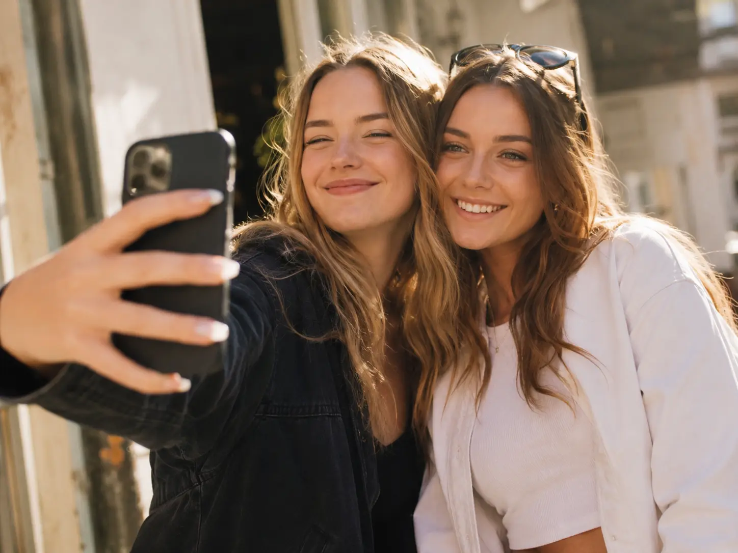 A two-person selfie before repair, with one subject's eyes closed.