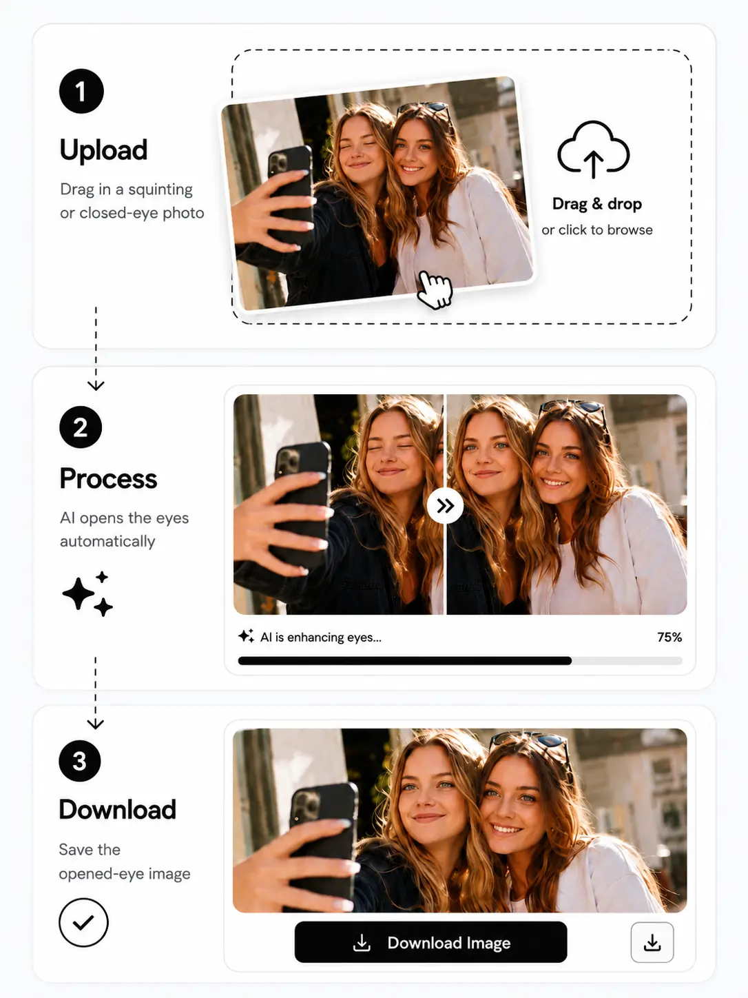 Three-step AI Open Eyes workflow showing upload, automatic eye repair, and image download.
