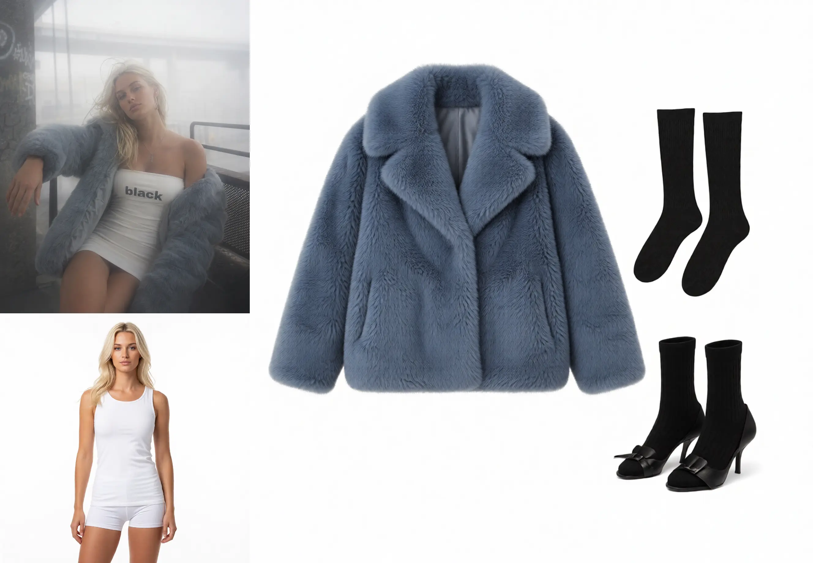 Outfit extraction example showing a foggy source photo, the extracted coat and footwear, and a neutral person base preview.
