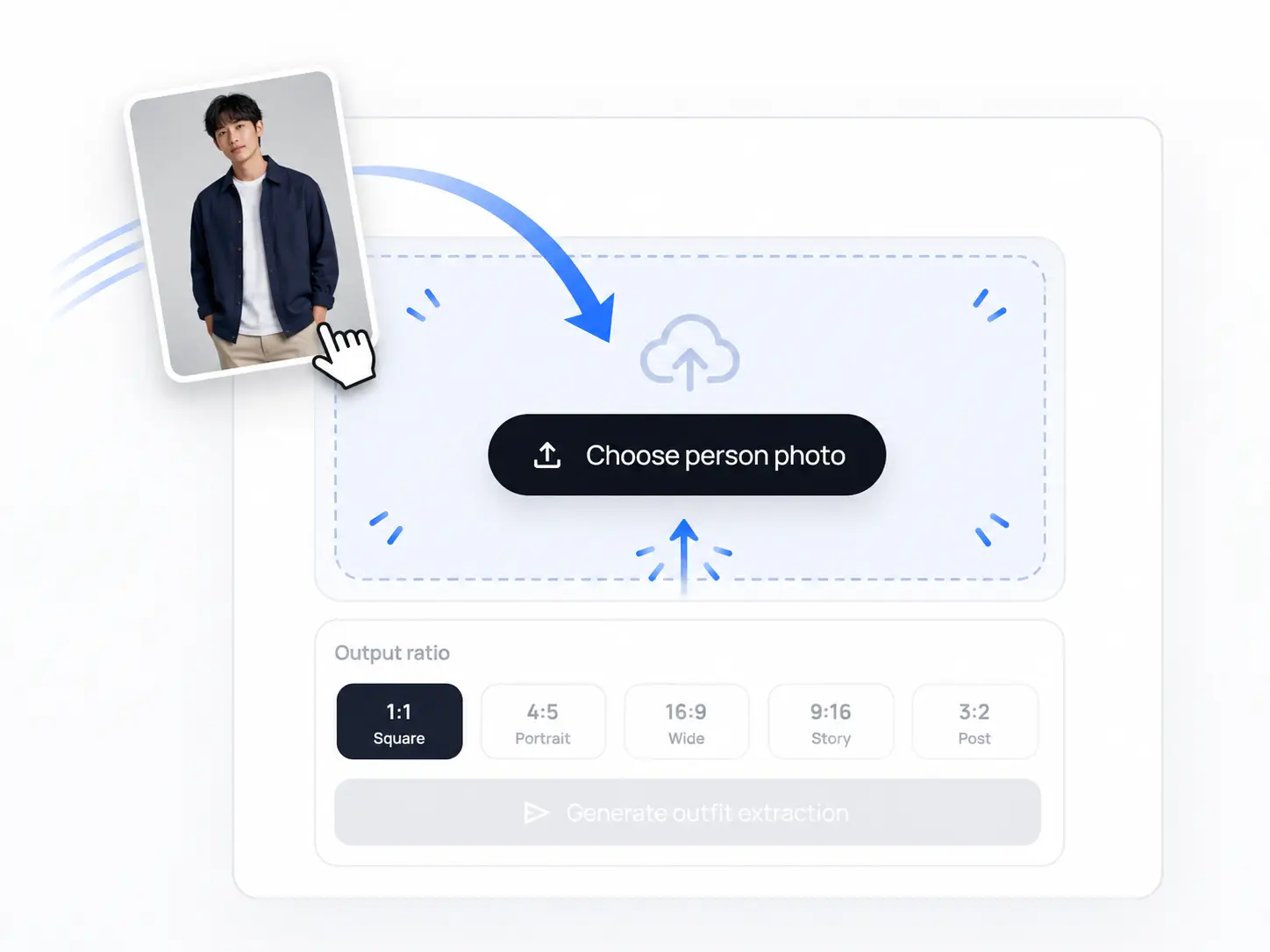 Upload step showing a person photo being added to the AI Outfit Extractor workspace.