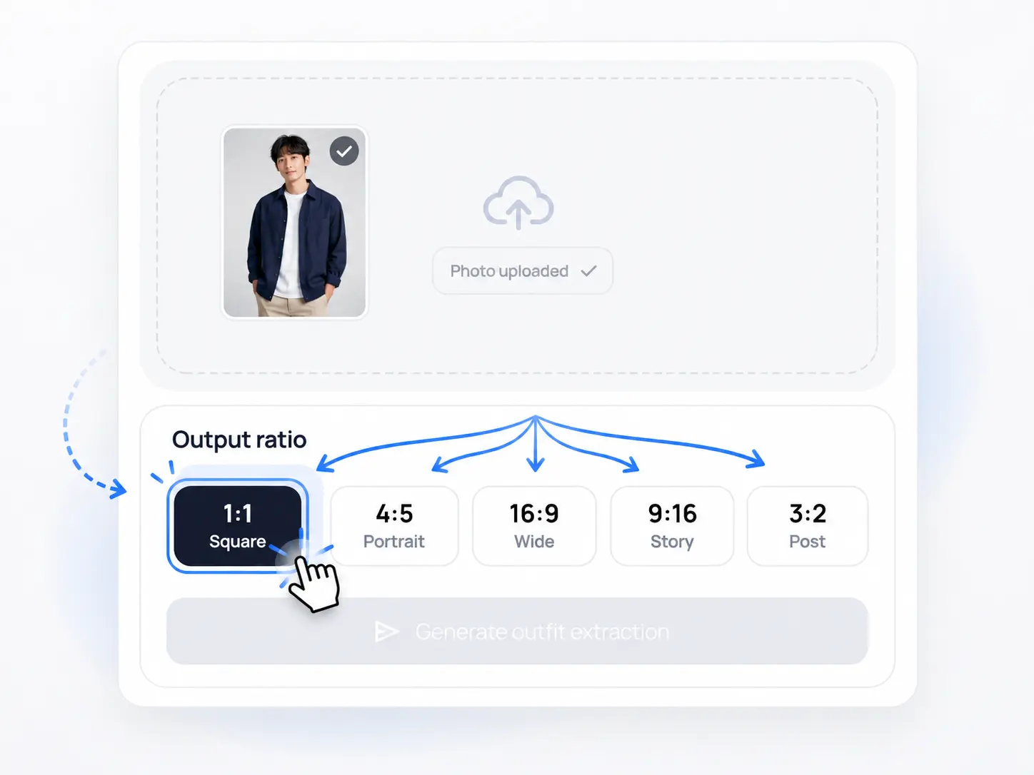Ratio selection step showing square, portrait, wide, story, and post presets.