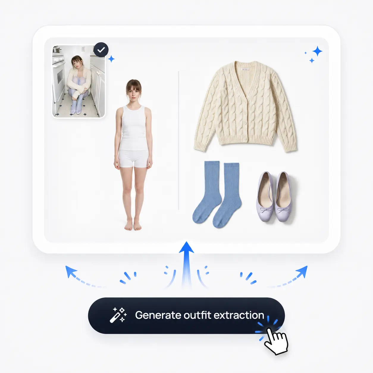 Generation step previewing a separated-person base and extracted clothing laid out side by side.