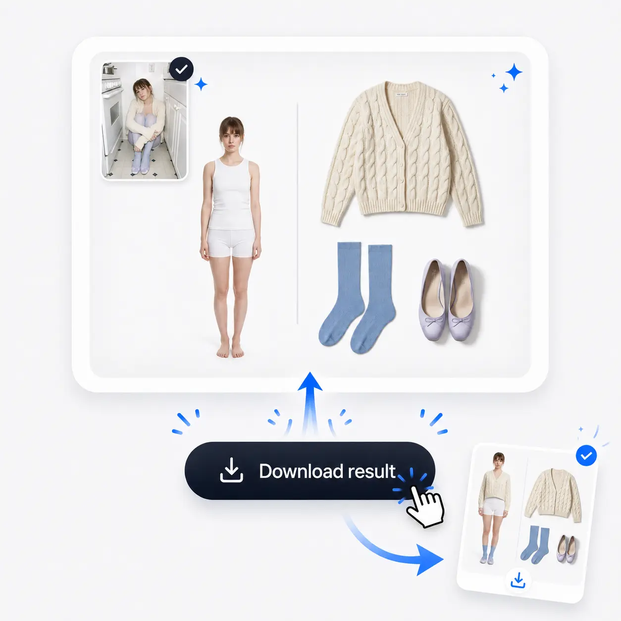 Download-ready result showing the extracted outfit layout and neutral person preview.
