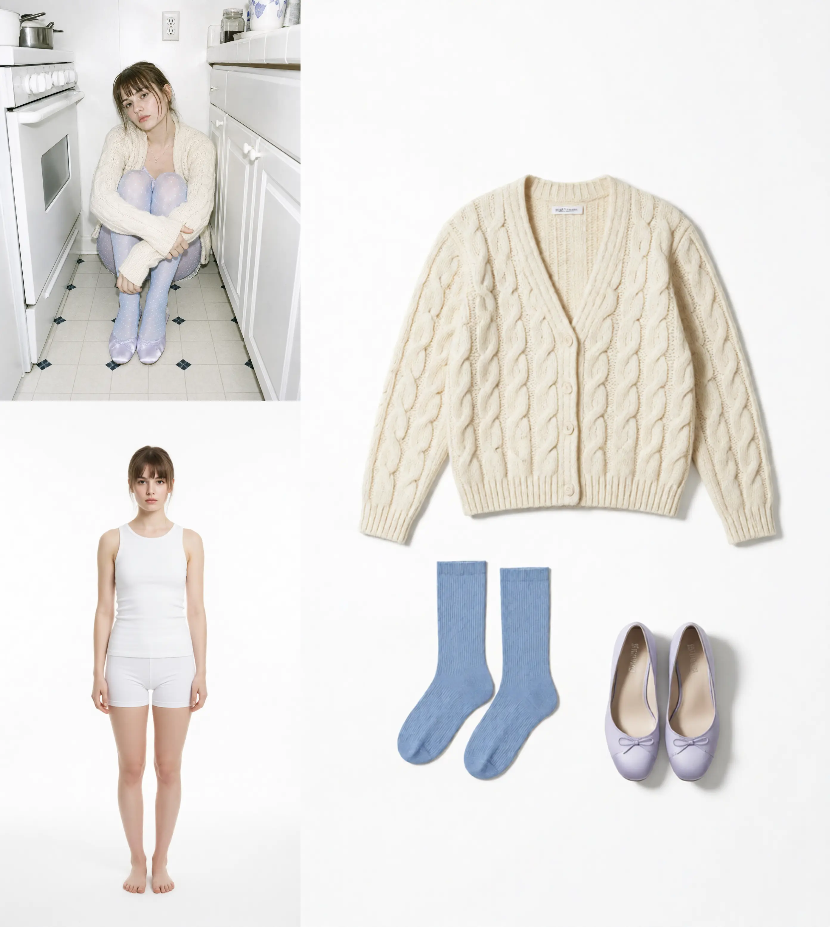 Review example showing a seated source photo beside the extracted cardigan and separated-person base for detail inspection.