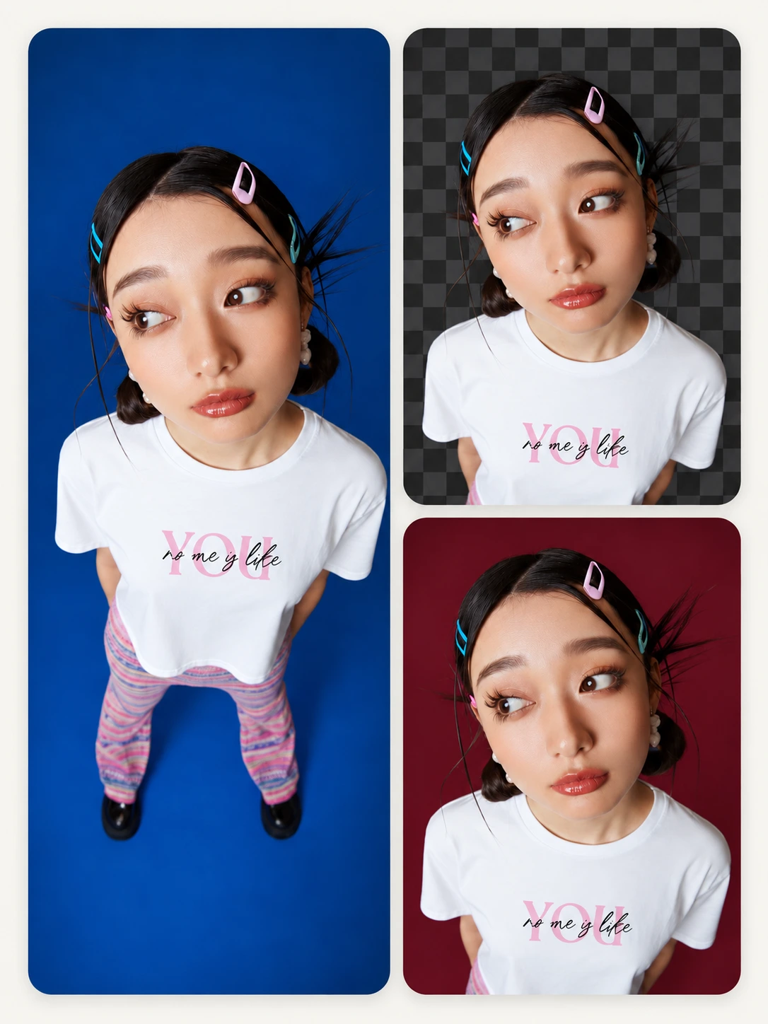 Portrait editing examples with blue, checkerboard, and burgundy backgrounds.