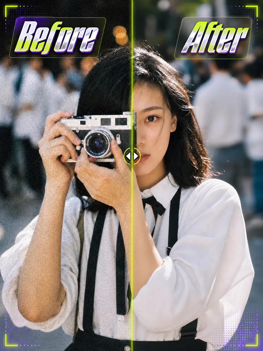 A before-and-after portrait showing an AI photo edit.