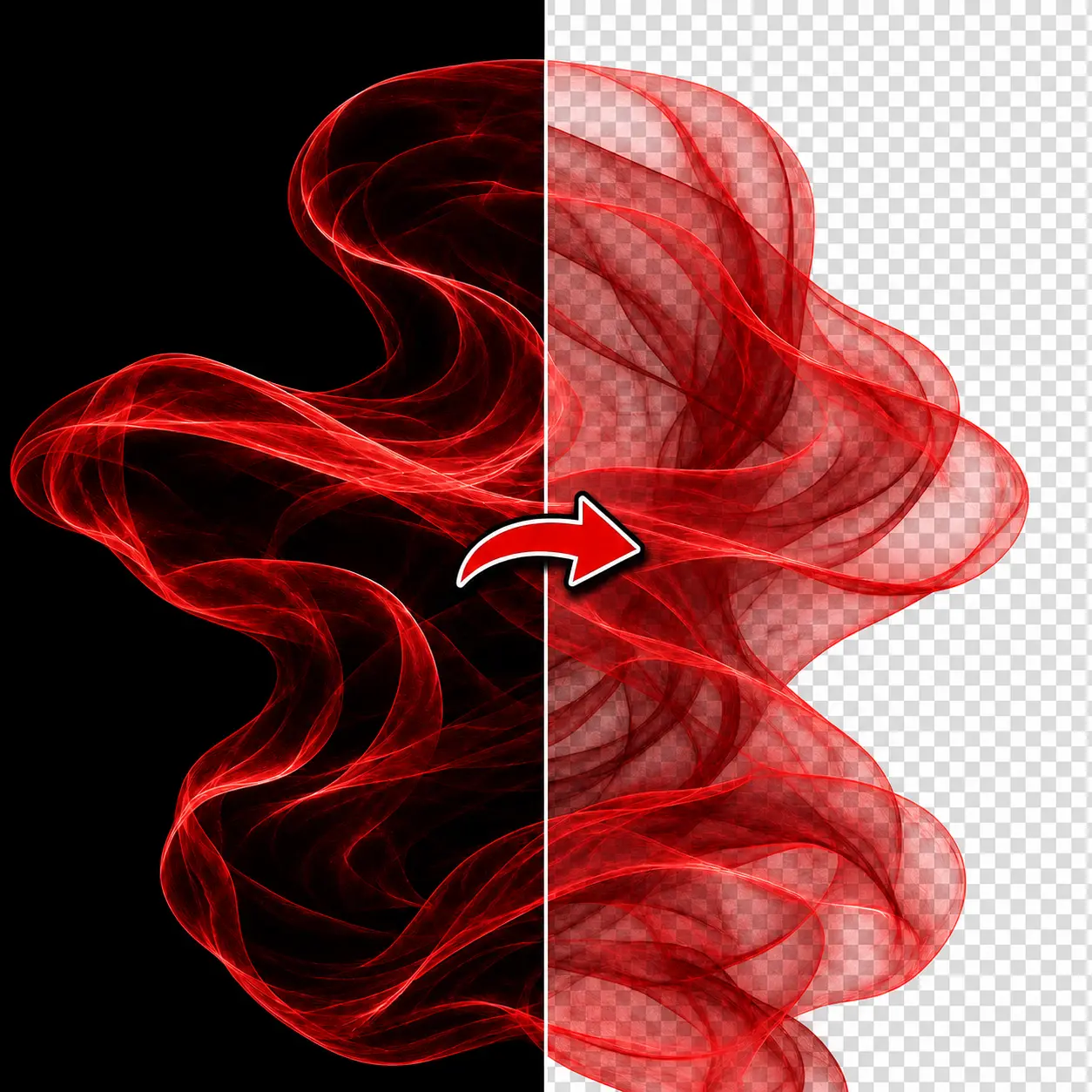A red abstract graphic shown before and after its background is removed.