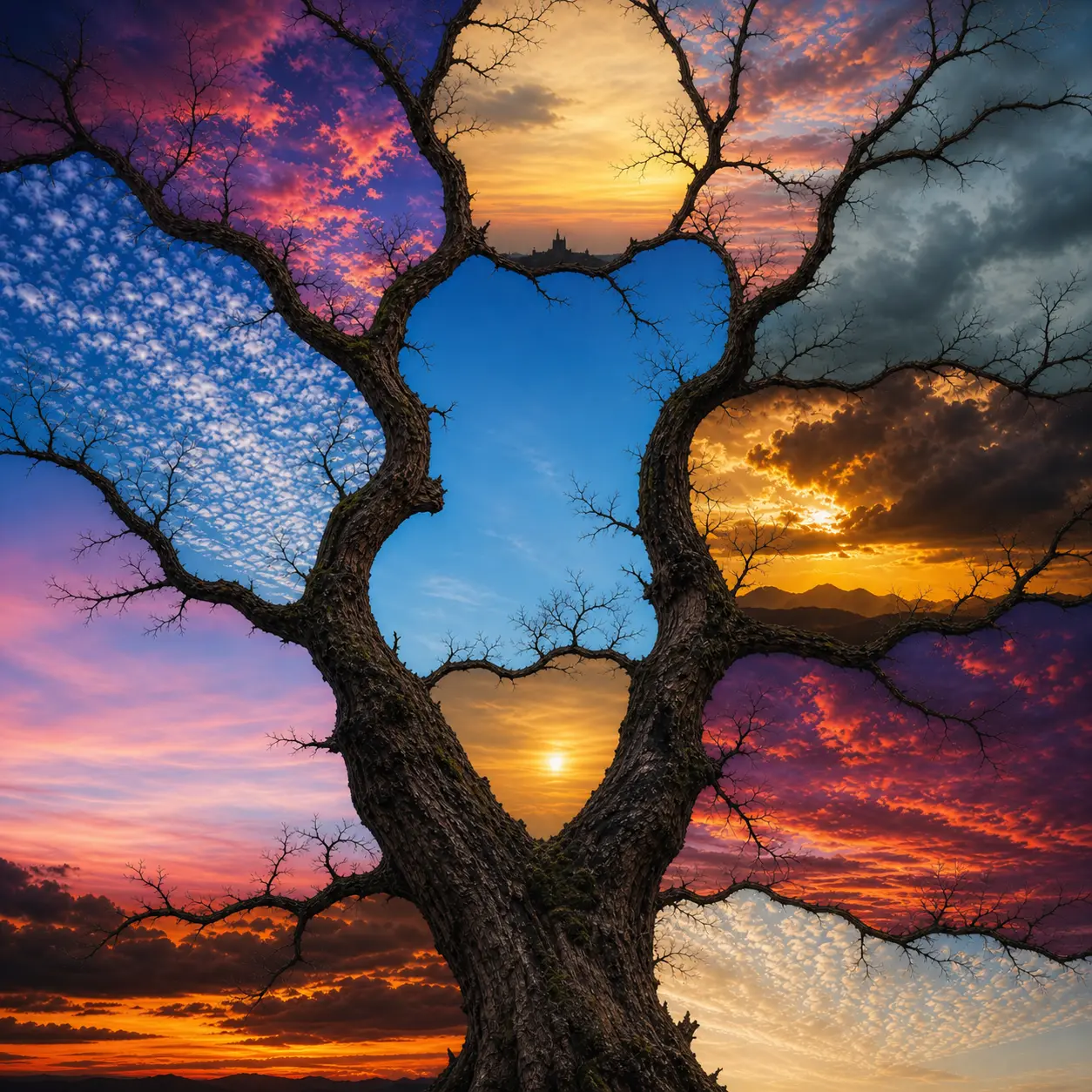 A tree filled with multiple creatively transformed skies.