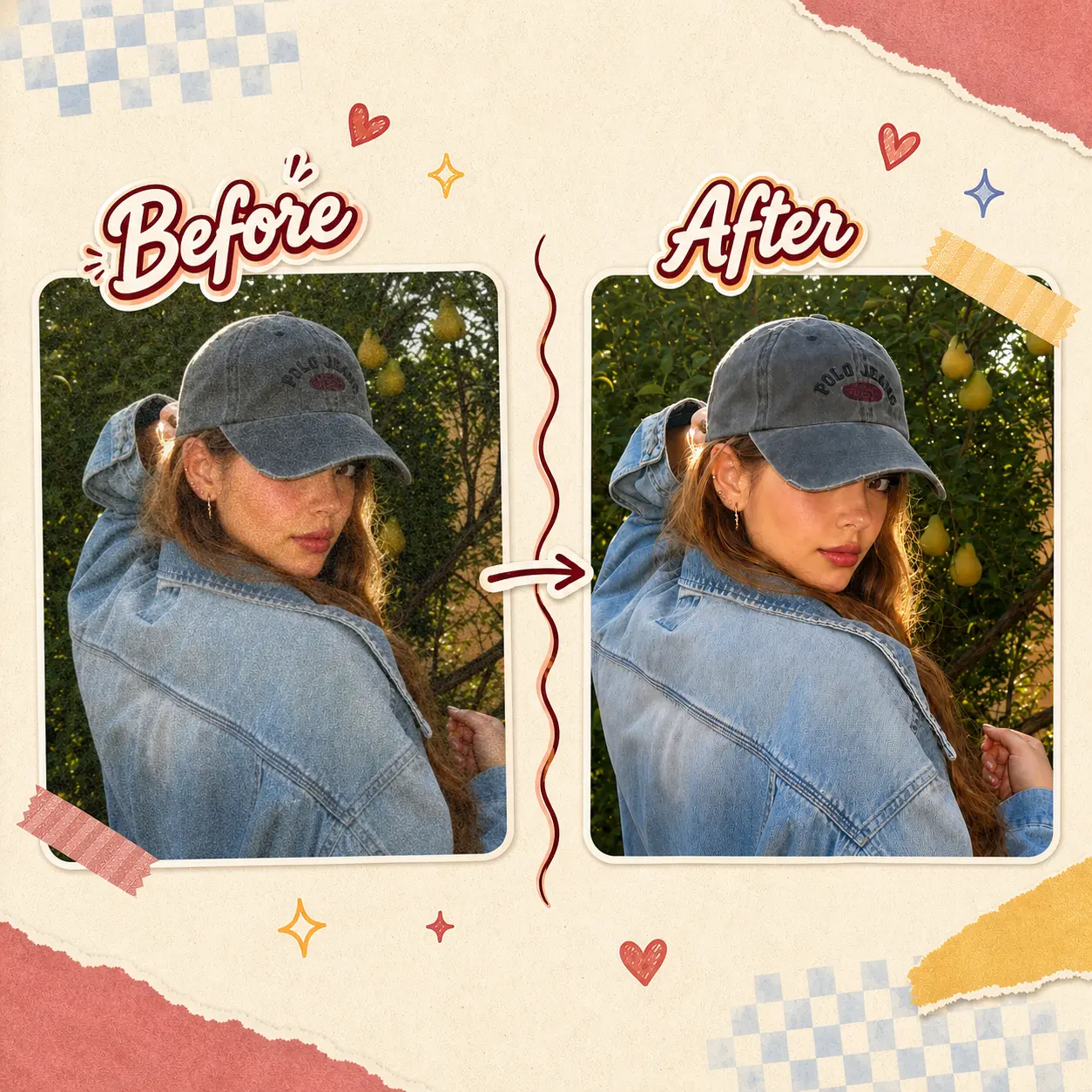 A personal portrait shown before and after an AI cleanup edit.