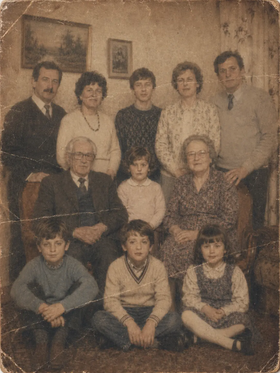 Faded old family scan before AI photo restoration.