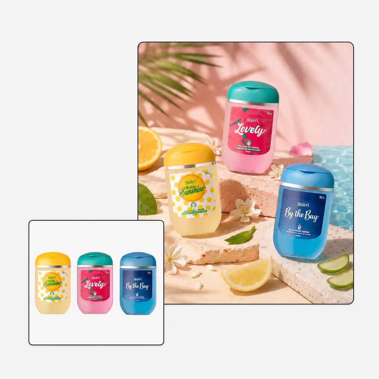 Colorful roll-on products shown as clean cutouts and in a bright summer product photography scene.